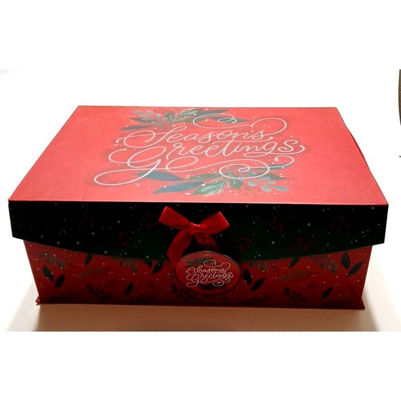 Decorative Christmas Box Red Bow Season's Greetings Hook and Loop Closure - Picture 1 of 6